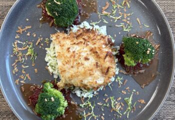 Coconut Chicken with Rice, Red Pepper Jam & Broccoli